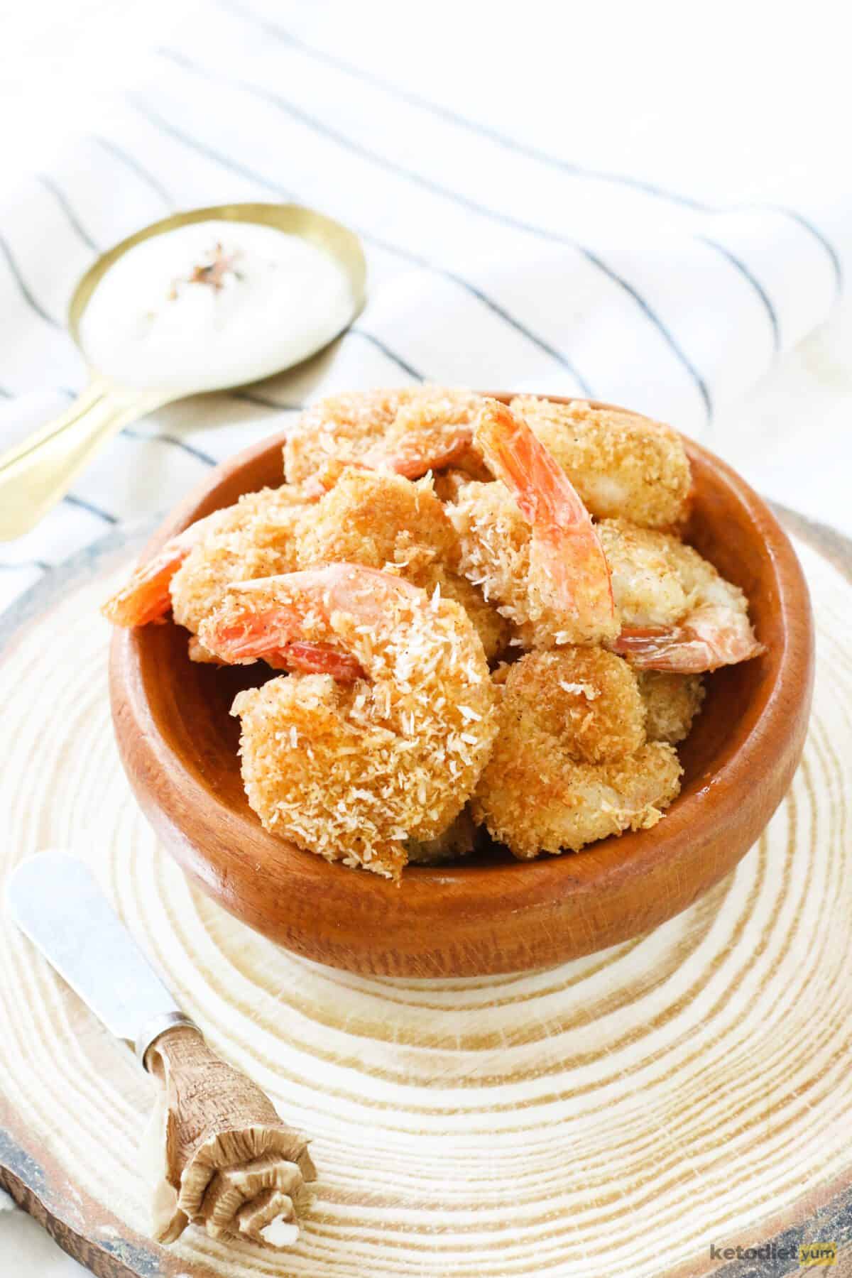 Crispy keto coconut shrimp served in a bowl and ready to enjoy