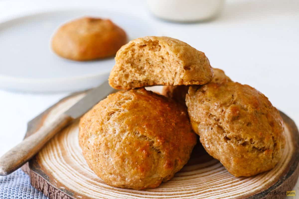Light, fluffy and low carb keto bread rolls on a serving plate