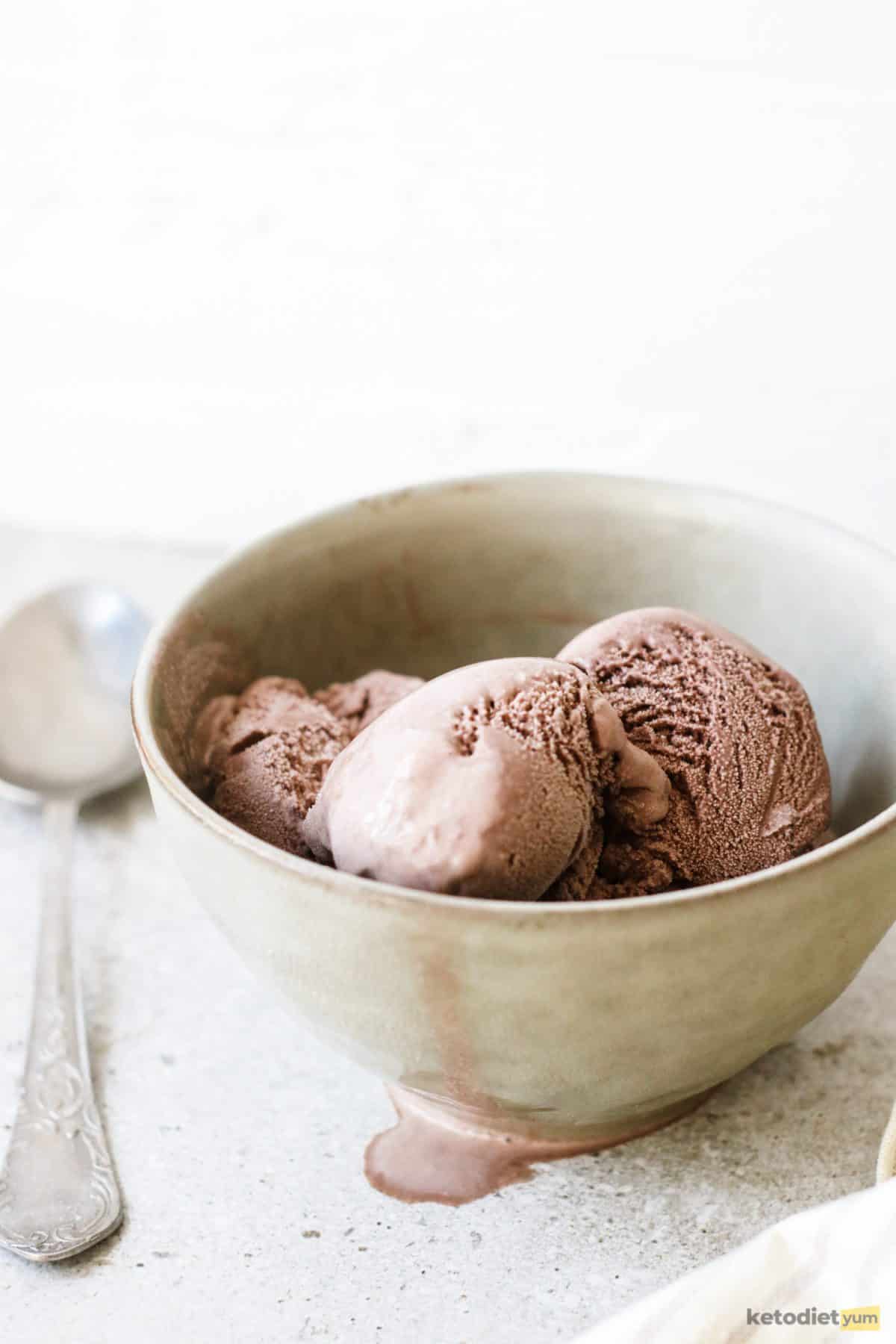 Keto coffee ice cream served in a bowl with a spoon