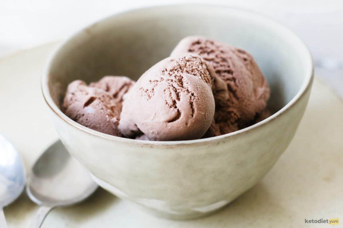 A bowl of keto coffee ice cream served in a light green bowl