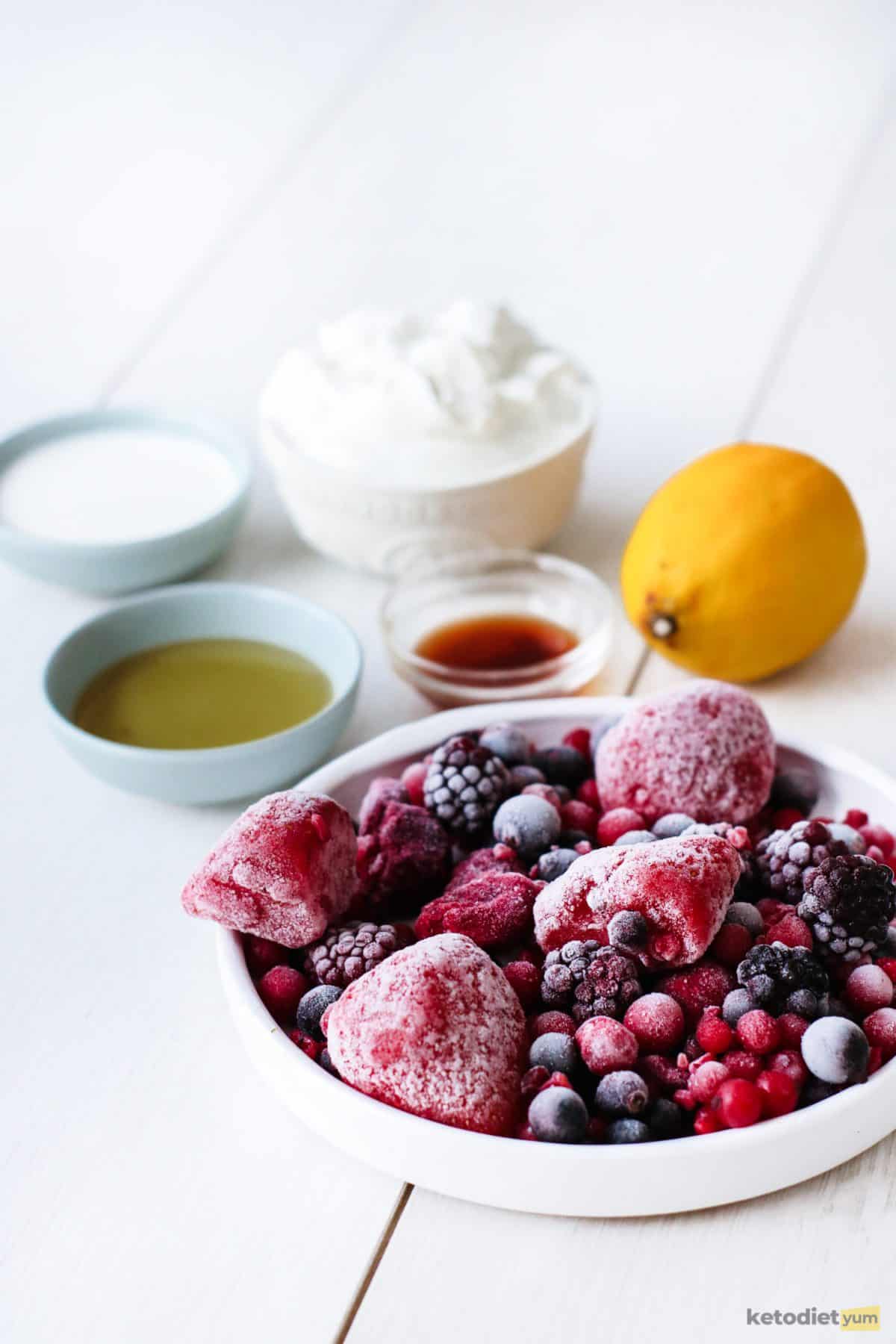 Sugar Free Keto Frozen Yogurt Ingredients arranged on a table to make keto frozen yogurt