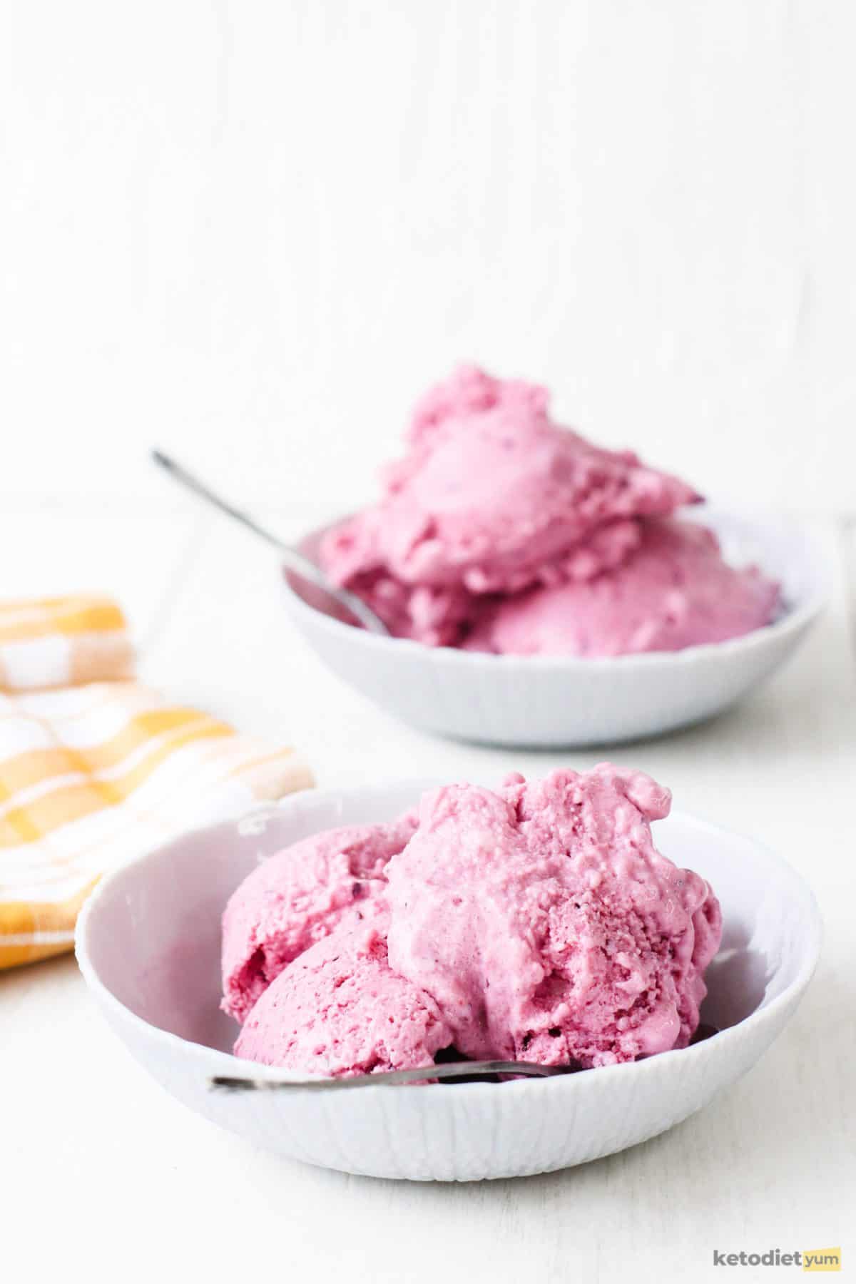 Low carb frozen yogurt made with Greek yogurt served in a white bowl