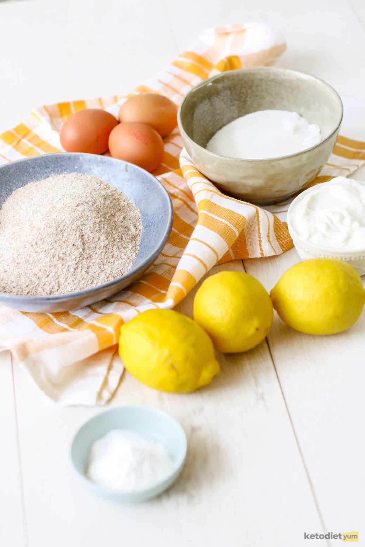 Ingredients arranged on a table to make keto lemon pound cake