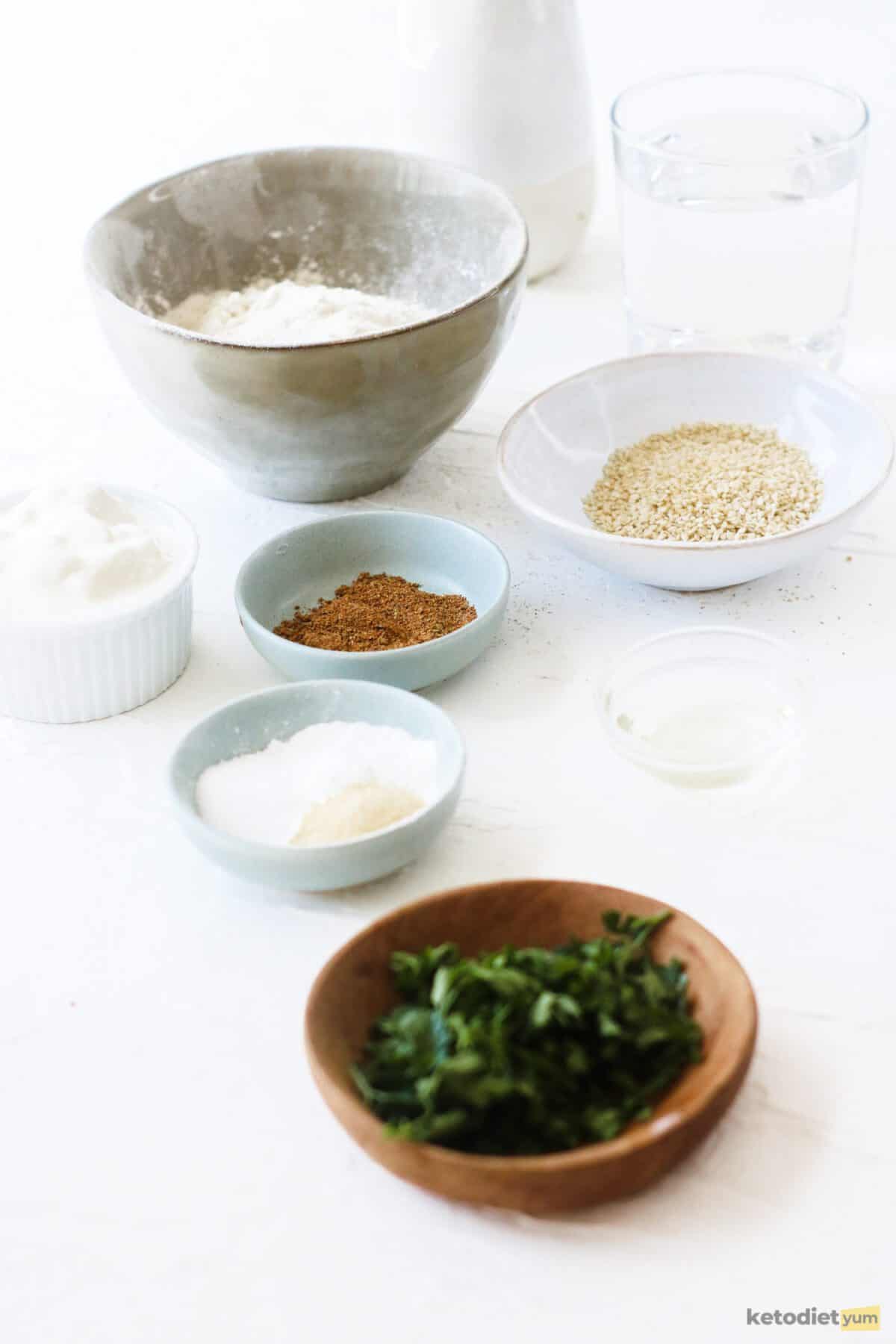 Ingredients arranged on a table used to make keto naan bread