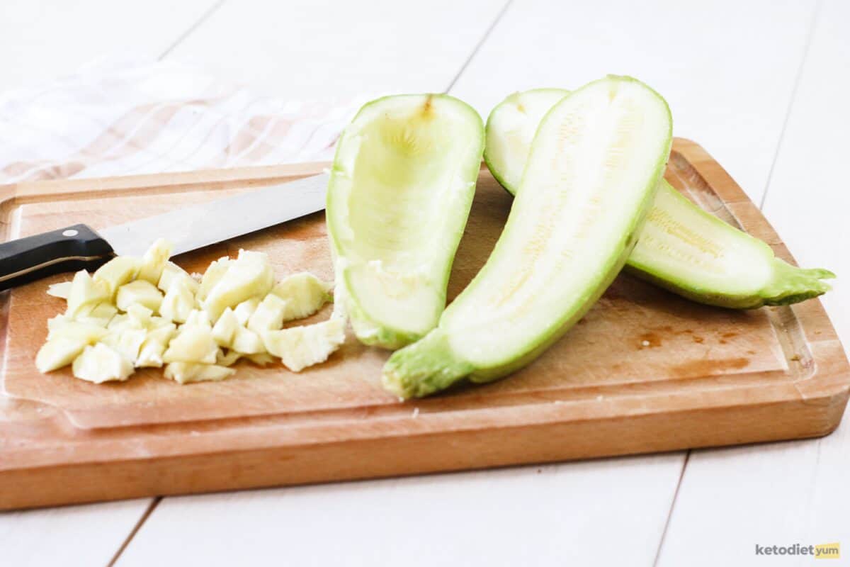 Zucchinis cut in half with flesh scooped out