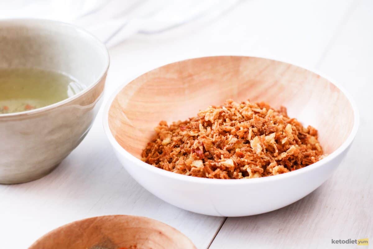 Blended pork rinds in a bowl used as a coating for our low carb chicken nuggets