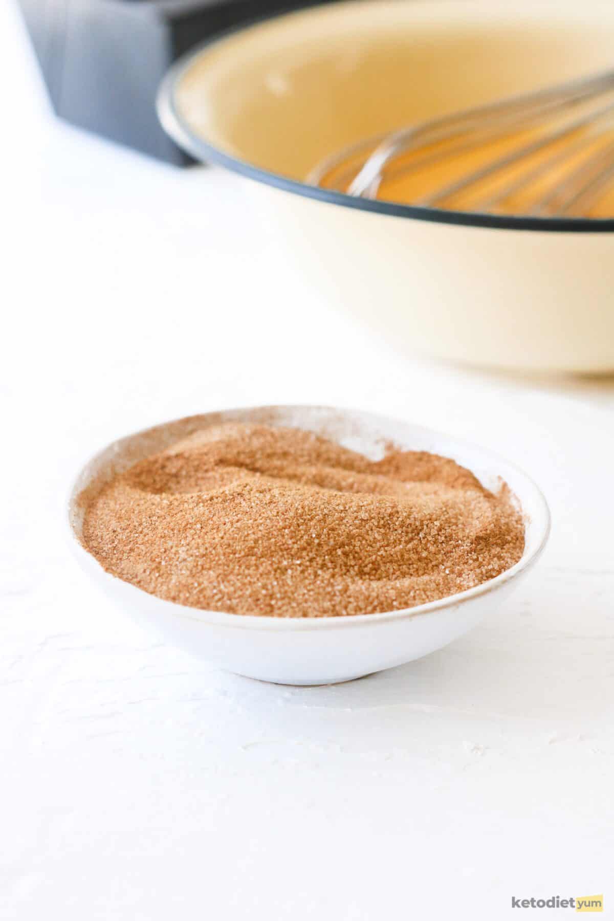 Ground cinnamon and Erythritol combined in a small bowl to use as the cinnamon swirl in our keto cinnamon swirl cake