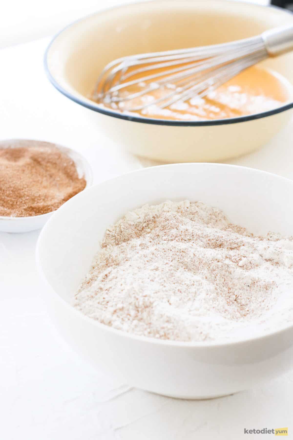 Almond flour, coconut flour, salt, and baking powder combined in a mixing bowl