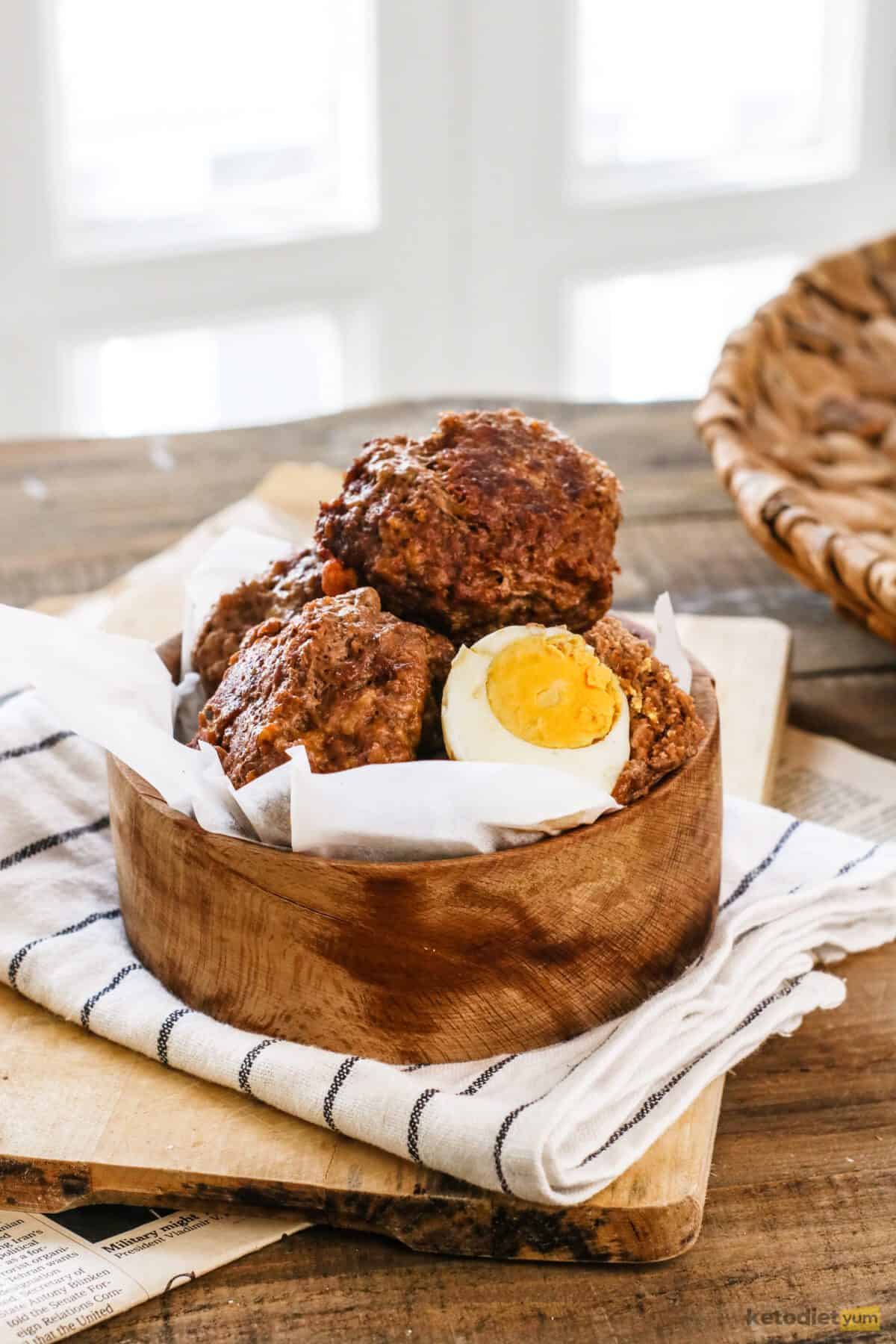 Keto Scotch eggs in a brown bowl ready to enjoy