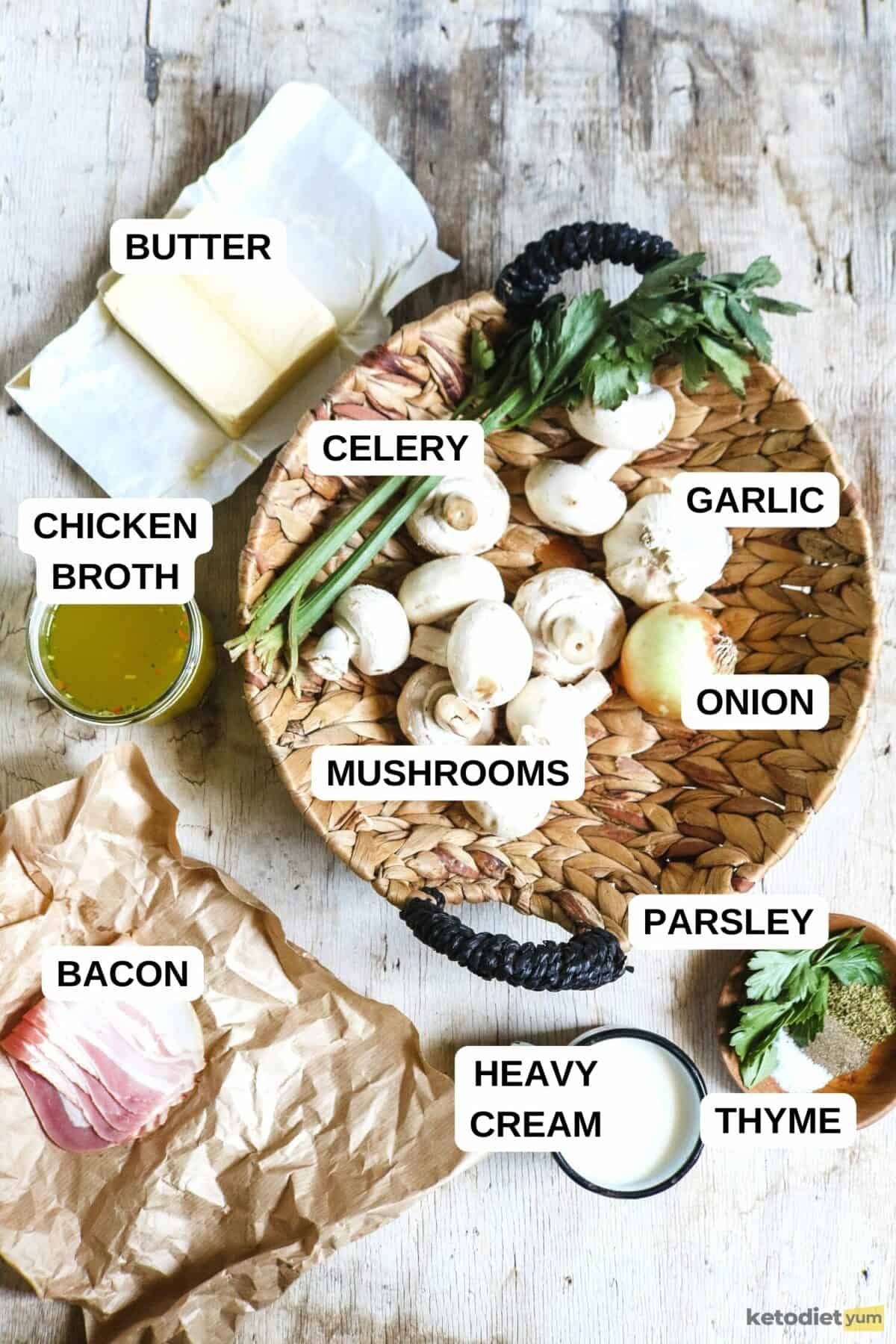 Bacon, butter, a basket with mushrooms, celery, onion  and garlic and other ingredients on a table