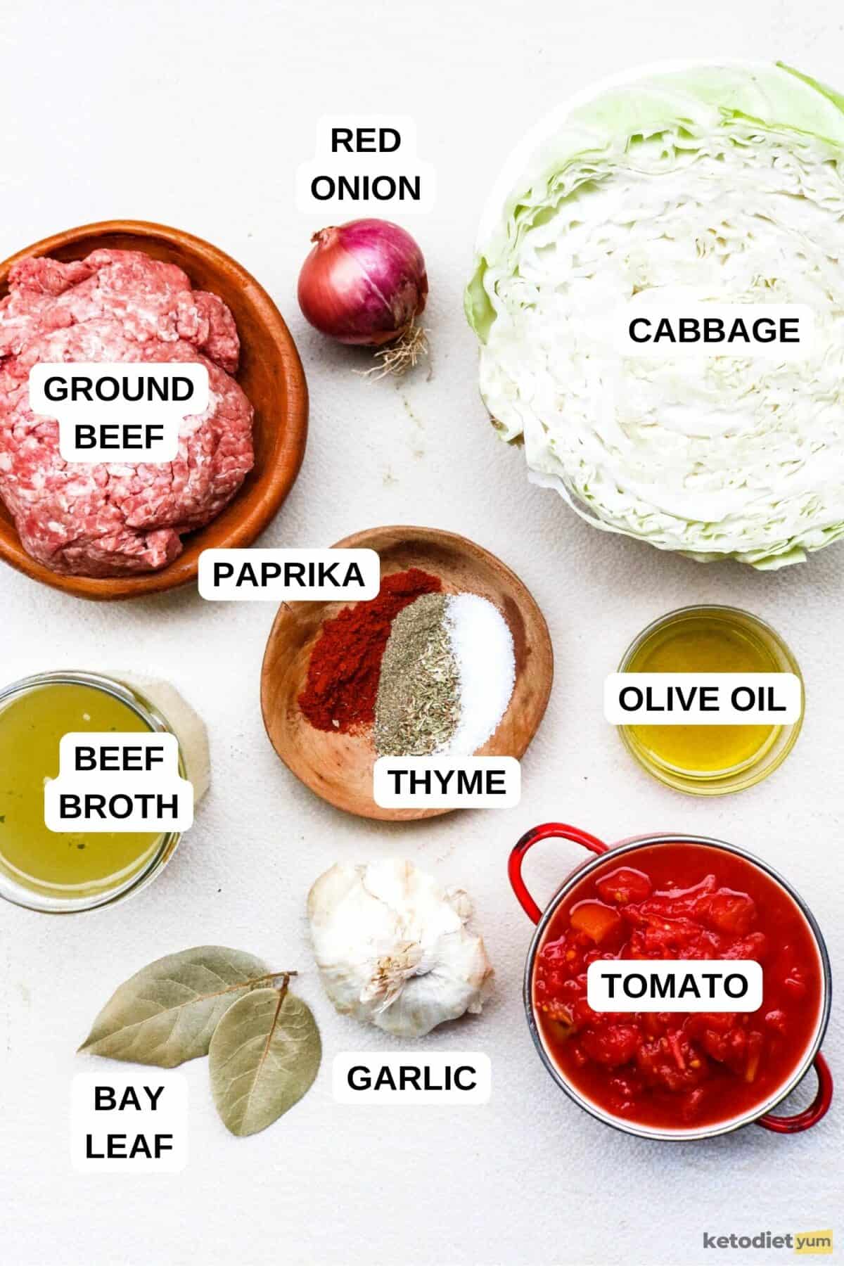 Ingredients arranged on a table to make tomato cabbage soup