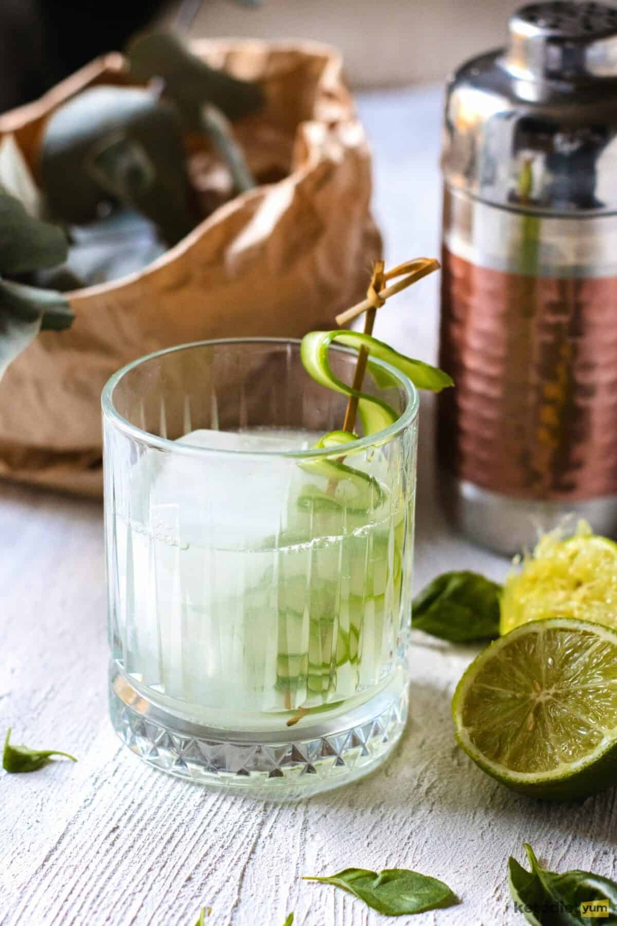 elderflower gin cocktail - served in a cocktail glass with ice and garnished with cucumber slice