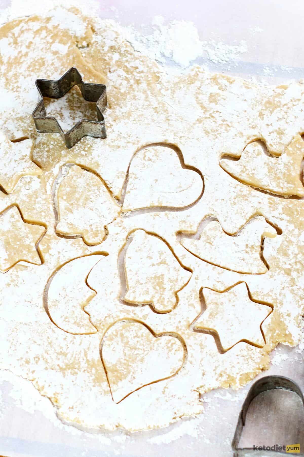 sugar free cookies - cutting dough with Christmas cookie cutters