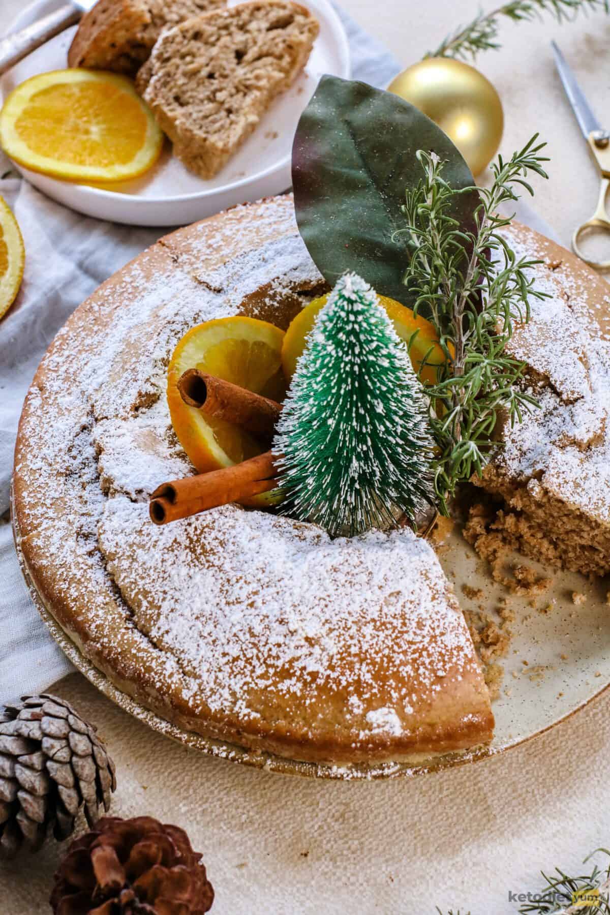 orange spice cake - keto orange cake with festive decorations