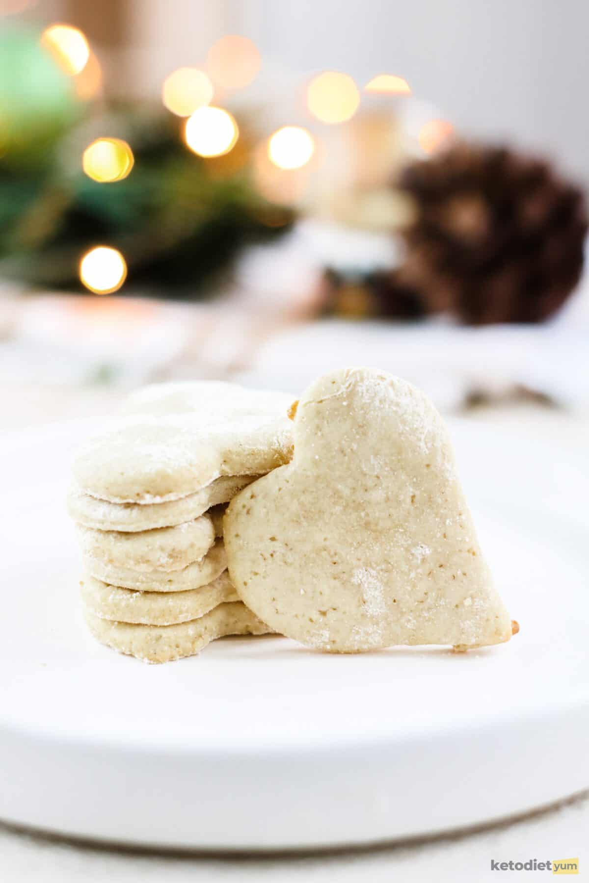 heart-shaped keto sugar cookies on a plate