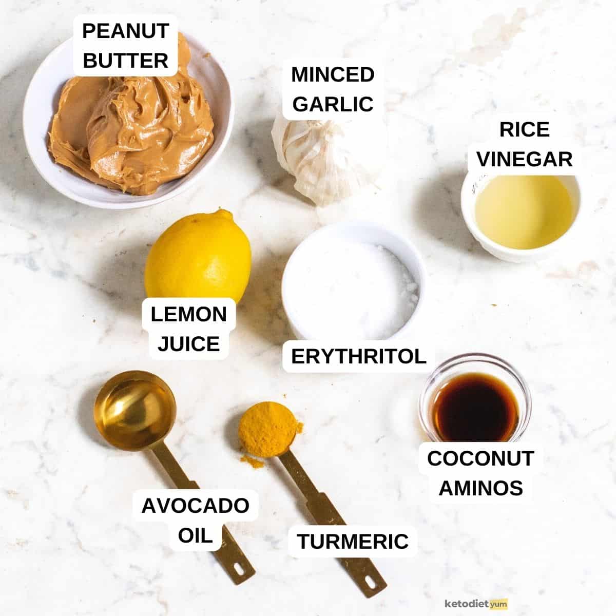 keto peanut sauce - ingredients arranged on a table to make easy peanut sauce