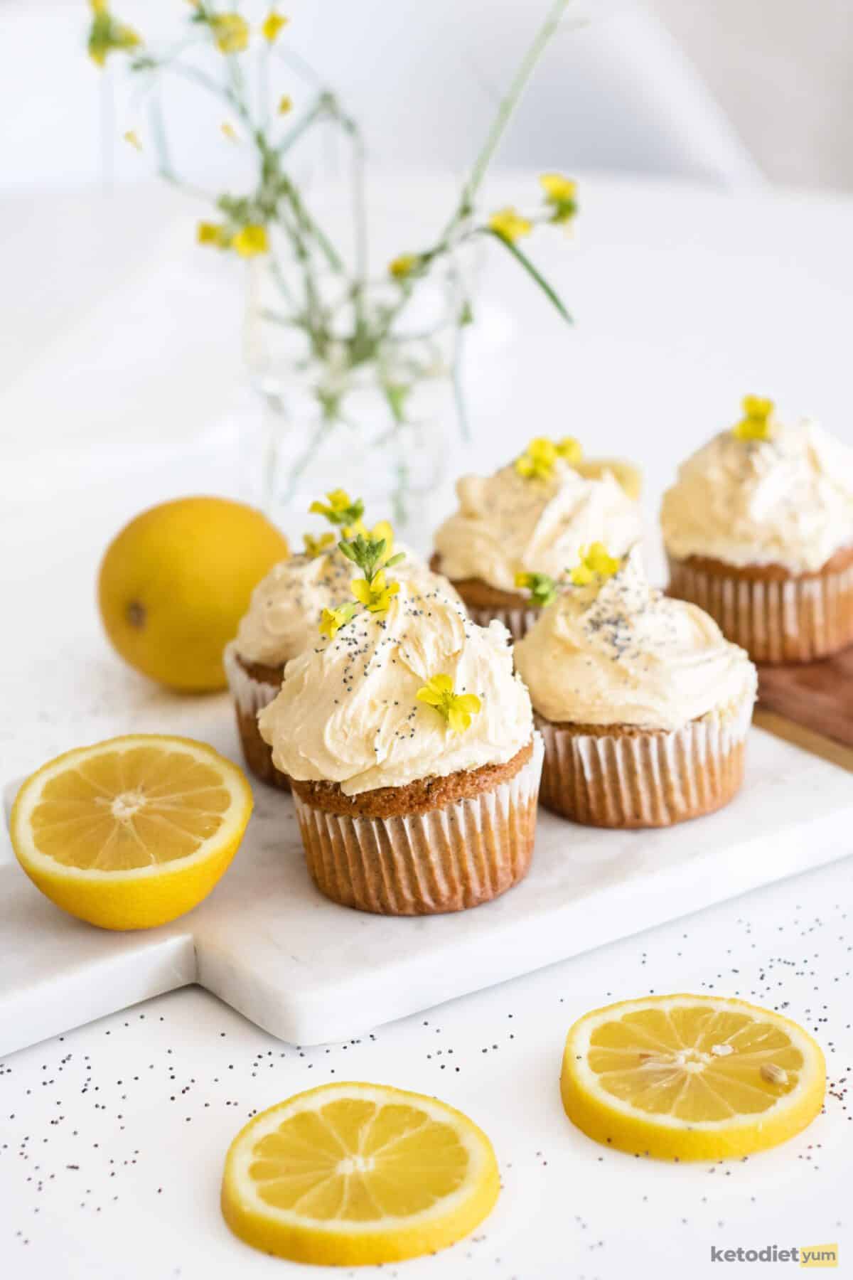 lemon poppy seed cupcakes - cupcakes frosted with lemon keto buttercream frosting