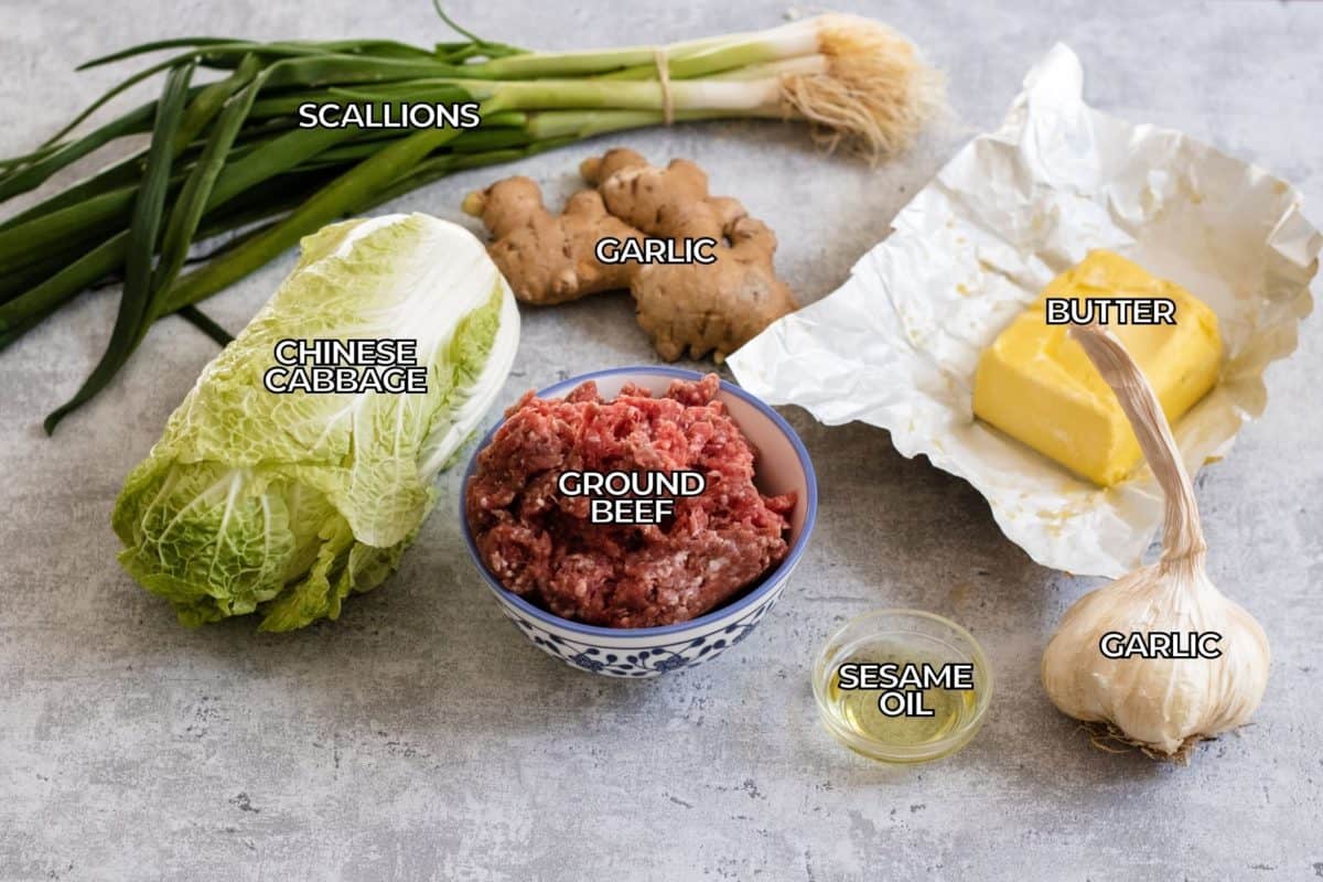 Ingredients for a cabbage stir fry including scallions, Chinese cabbage, ginger, ground beef, butter, sesame oil and garlic