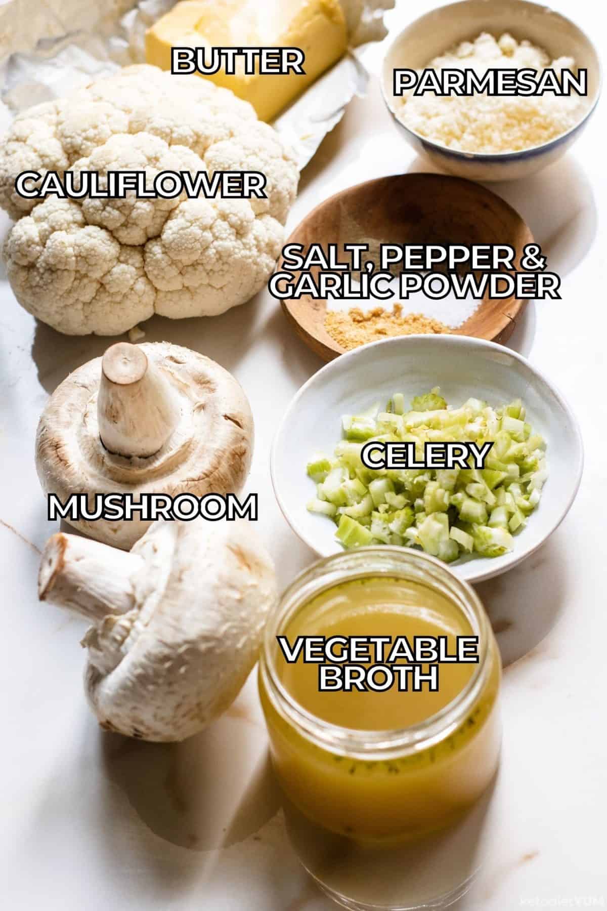 Ingredients used to make a low carb risotto are butter, Parmesan, cauliflower, seasonings, mushrooms, celery and vegetable broth