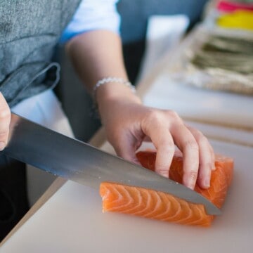 slicing salmon