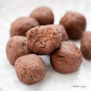 no bake brownie bites on a white plate