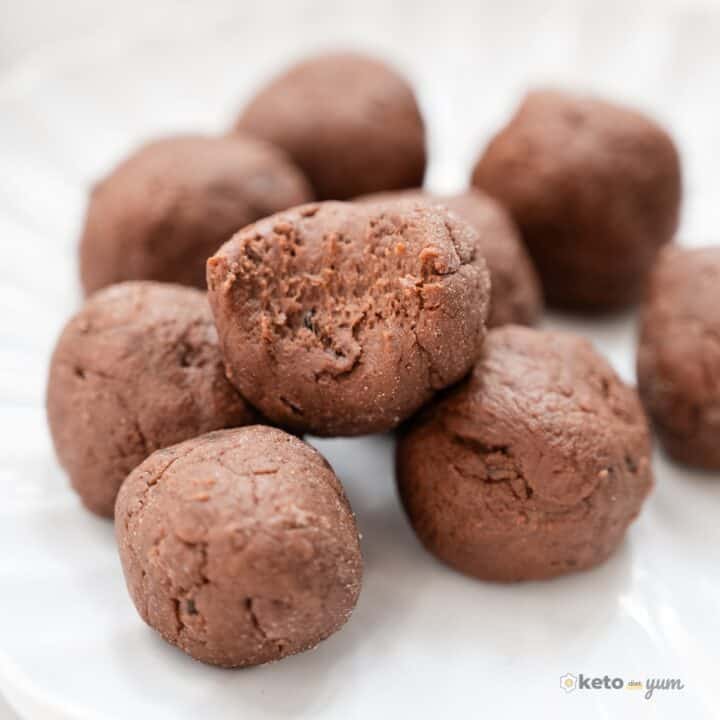 no bake brownie bites on a white plate