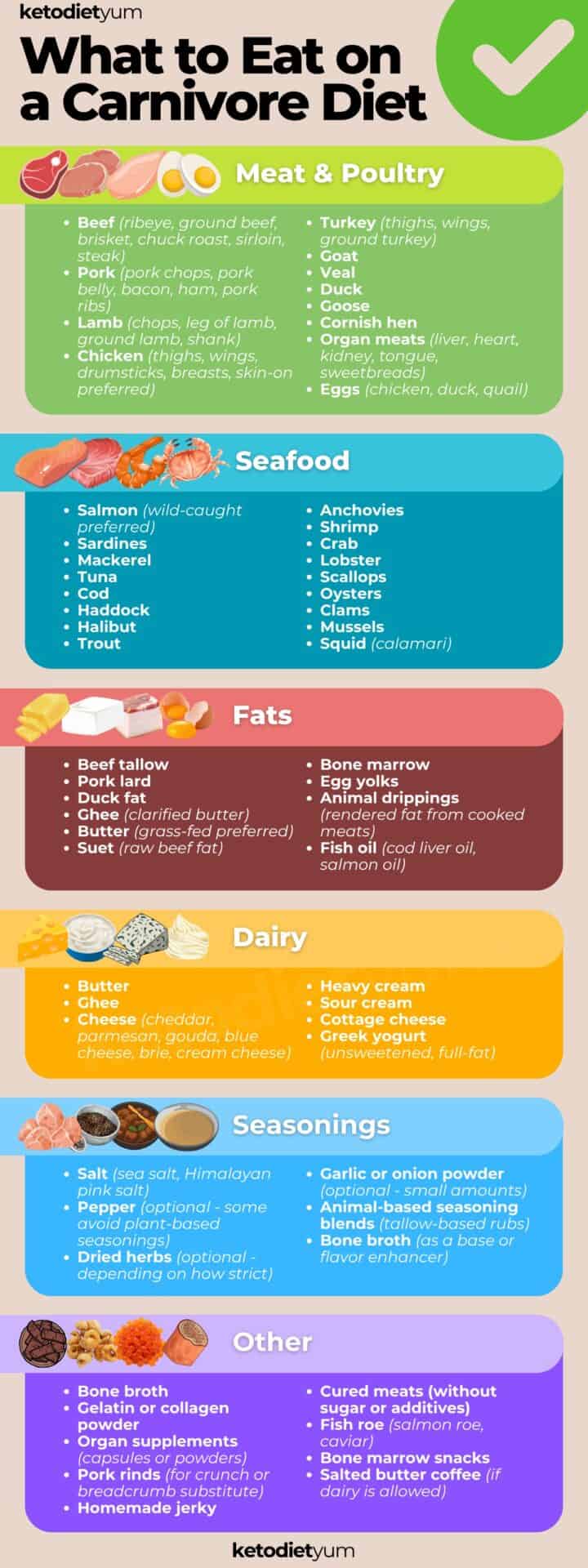 Colorful infographic showing a complete carnivore diet food list, including meats, poultry, seafood, animal fats, dairy, seasonings, and other carnivore-friendly foods. Features beef, pork, chicken, salmon, butter, eggs, and bone broth with clear category sections for an easy guide to what to eat on the carnivore diet.