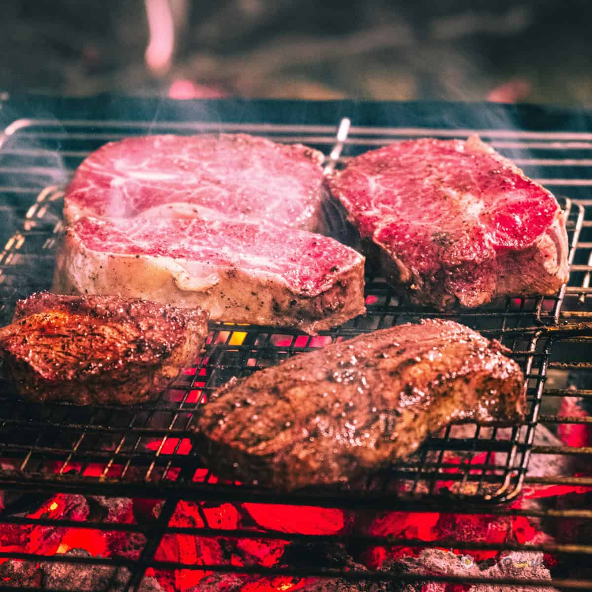 Carnivore Diet for Beginners: Easy Guide & 21-Day Meal Plan Assorted steaks cooking over glowing charcoal on an outdoor grill, highlighting rich and hearty meat options for the carnivore diet for beginners.