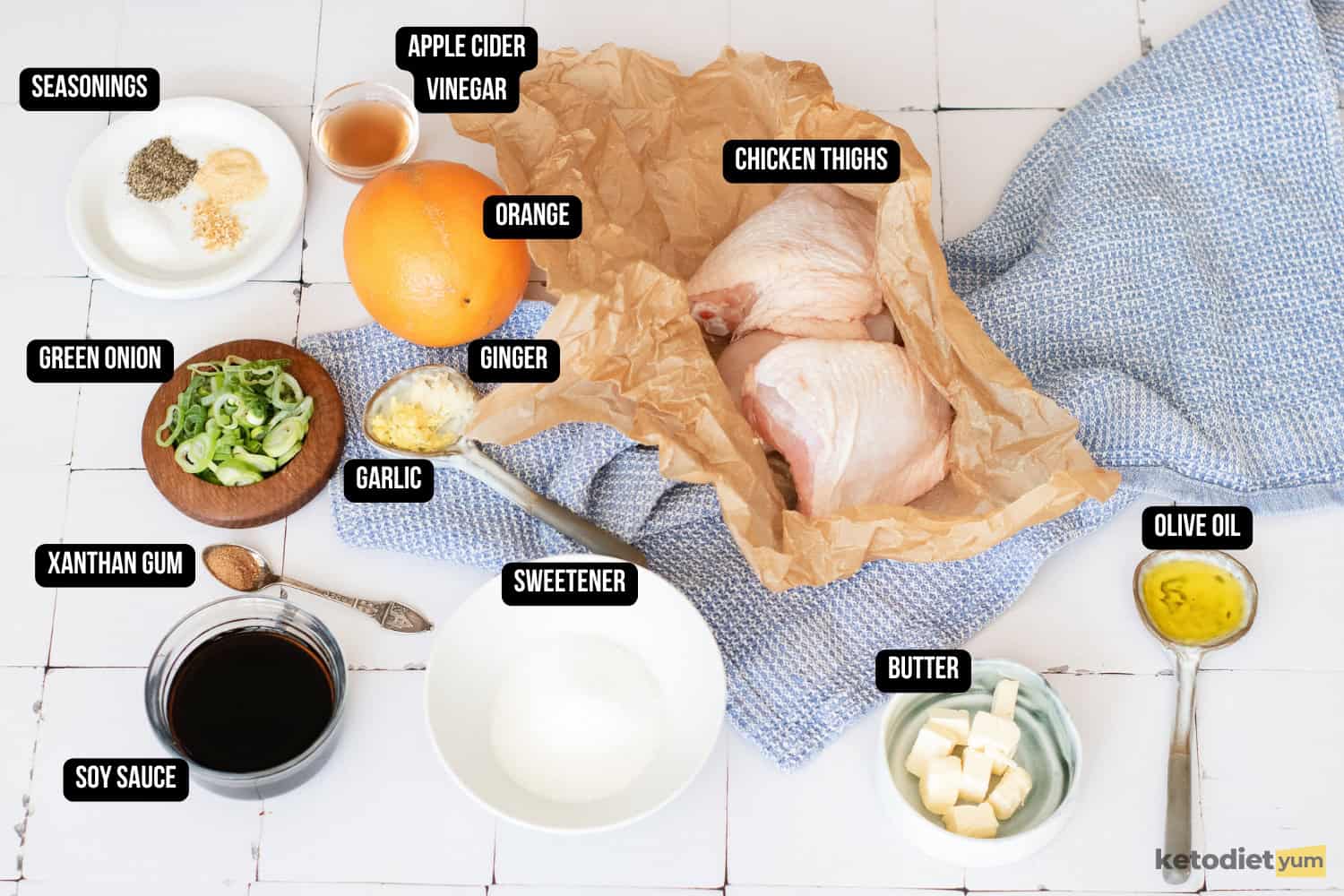 Orange Chicken Thighs (Better Than Takeout) Top-down view of labeled ingredients for orange chicken thighs, including chicken thighs, fresh orange, soy sauce, ginger, garlic, butter, and seasonings.