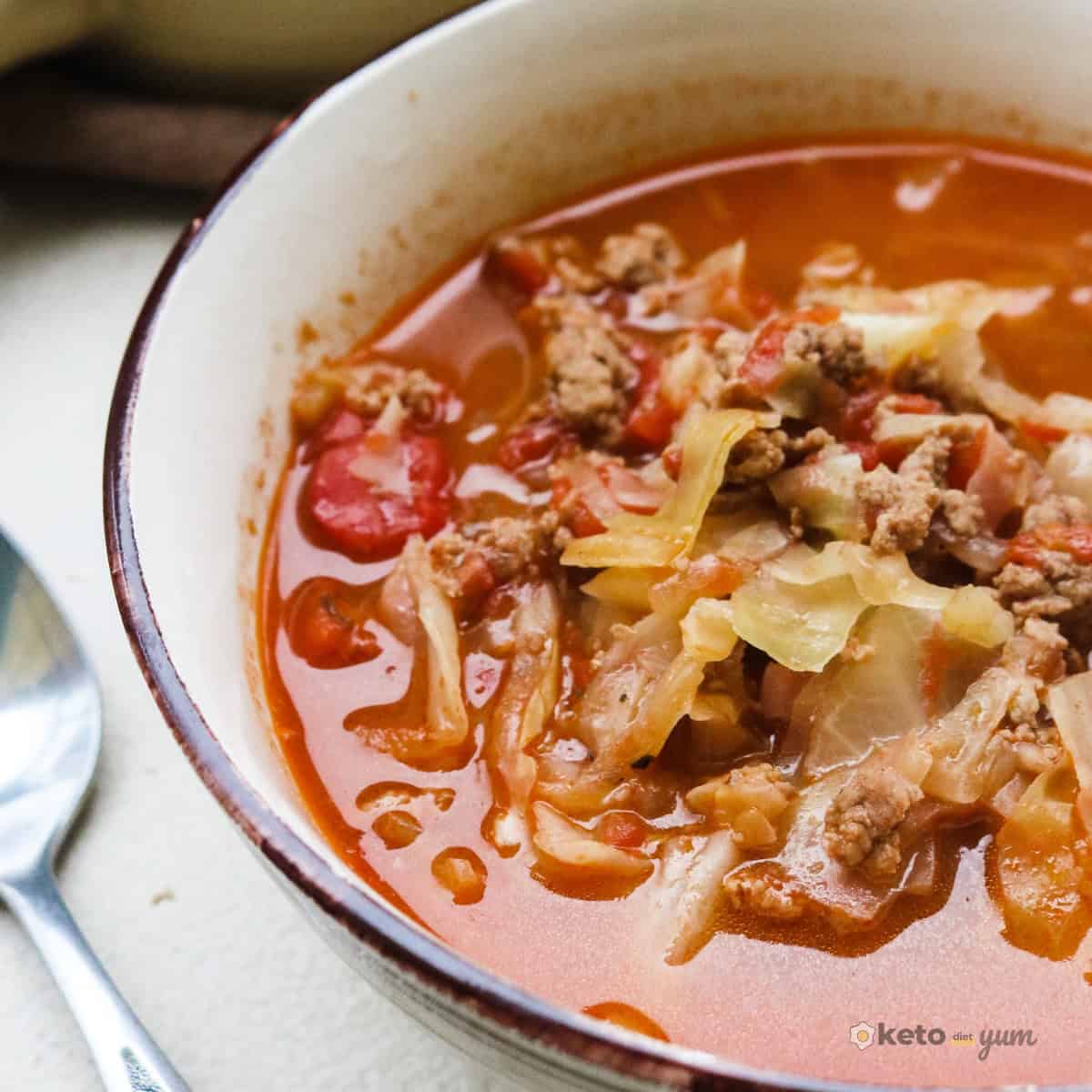 14 High Protein Low Carb Soups (Easy & Hearty Recipes) Hearty tomato cabbage soup with ground beef and a rich red broth served in a rustic bowl, a comforting low carb and high protein keto-friendly meal.