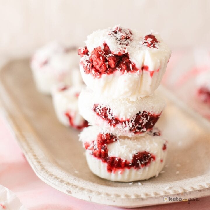3 Ingredient Frozen Yogurt Bites Close-up of finished frozen yogurt bites with layers of coconut yogurt and berry puree, sprinkled with coconut flakes for a low carb frozen treat.