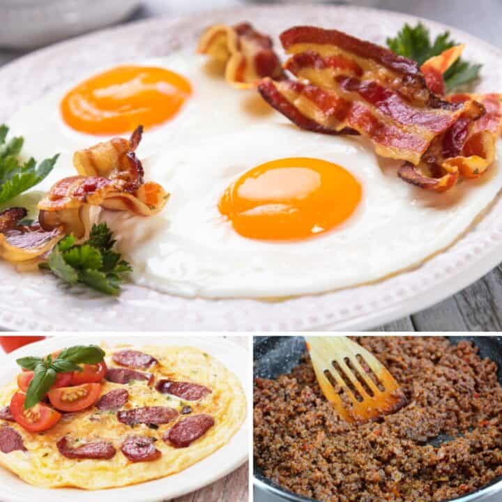 90 Carnivore Breakfast Ideas You'll Actually Look Forward To (Even on Busy Mornings) A carnivore-style breakfast collage featuring sunny-side-up eggs with crispy bacon, a sausage omelet, and a skillet of seasoned ground beef.